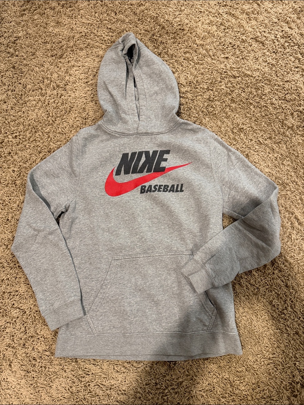 Nike Gray Hoodie with Red Swoosh and Black Logo - Baseball